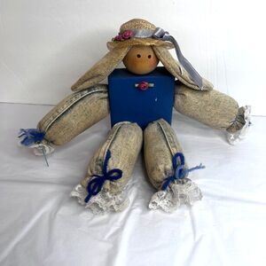 Cottage Core Denim Jean Lace Block Bunny Rabbit Shelf Sitter Folk Art Farmhouse